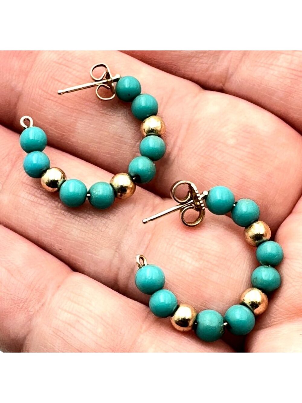14K Yellow Gold Earrings 1 Inch Turquoise Hoops Pierced